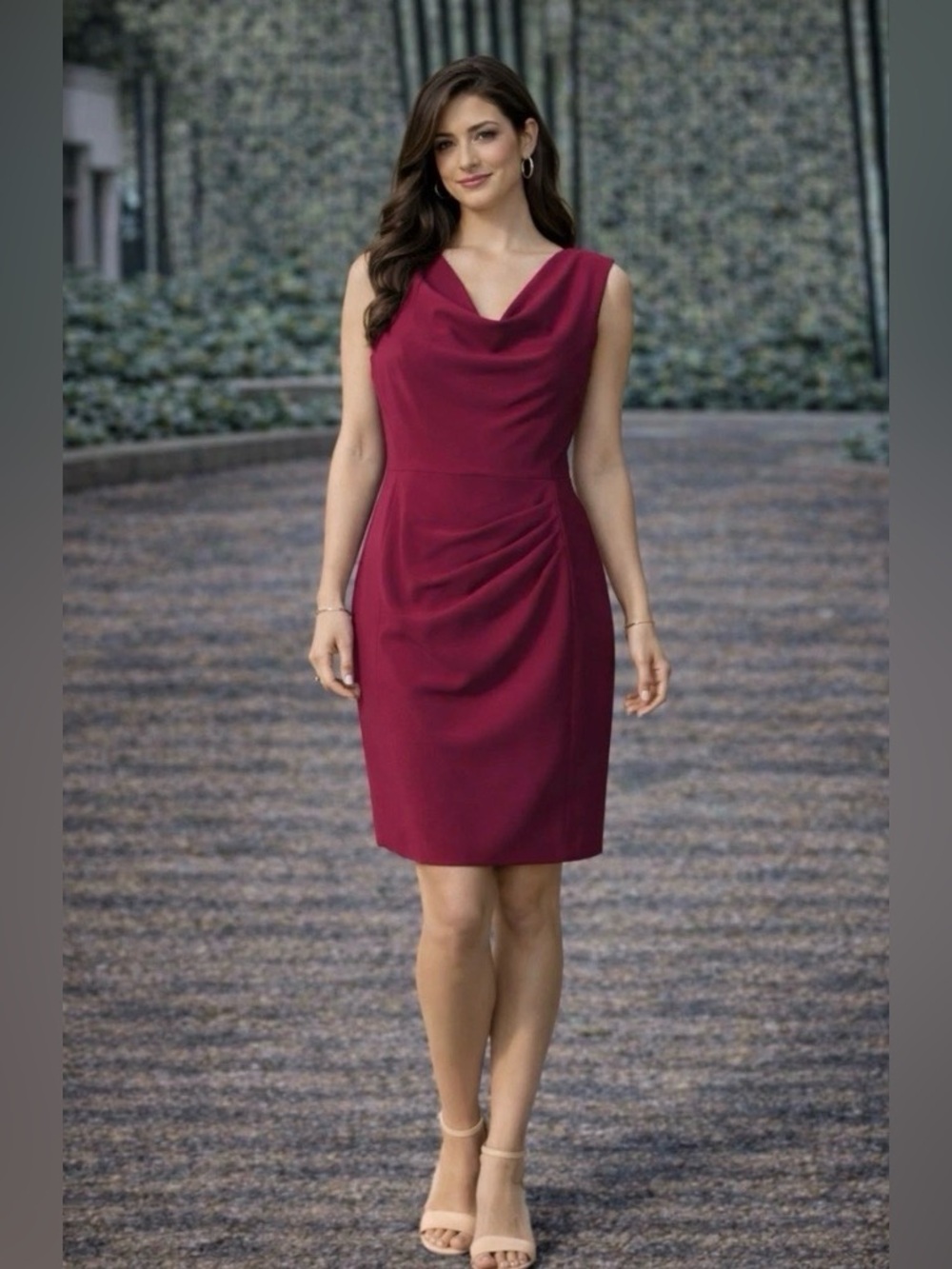 Adrianna Papell Dark Pink Sleeveless Cowl Neck Midi Dress